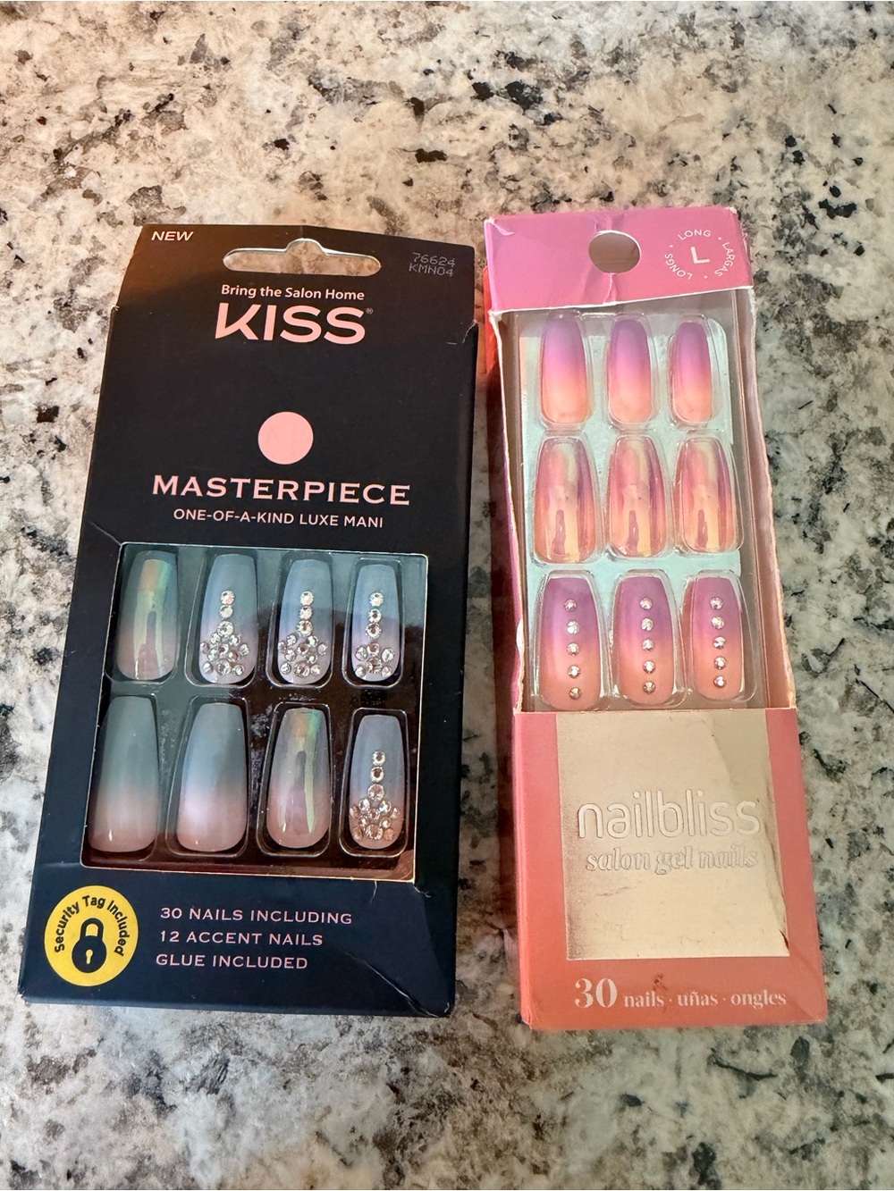 Kiss Ombre Press-On Nail Duo Pink and Blue with Rhinestones Nailbliss Orange